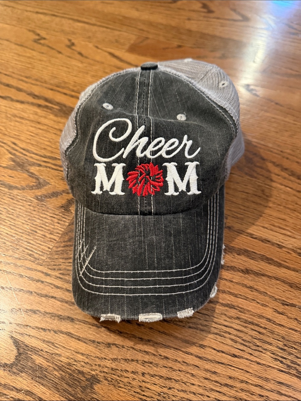 Katydid Cheer Mom Distressed Trucker Hat - Black & Gray with Red Pom